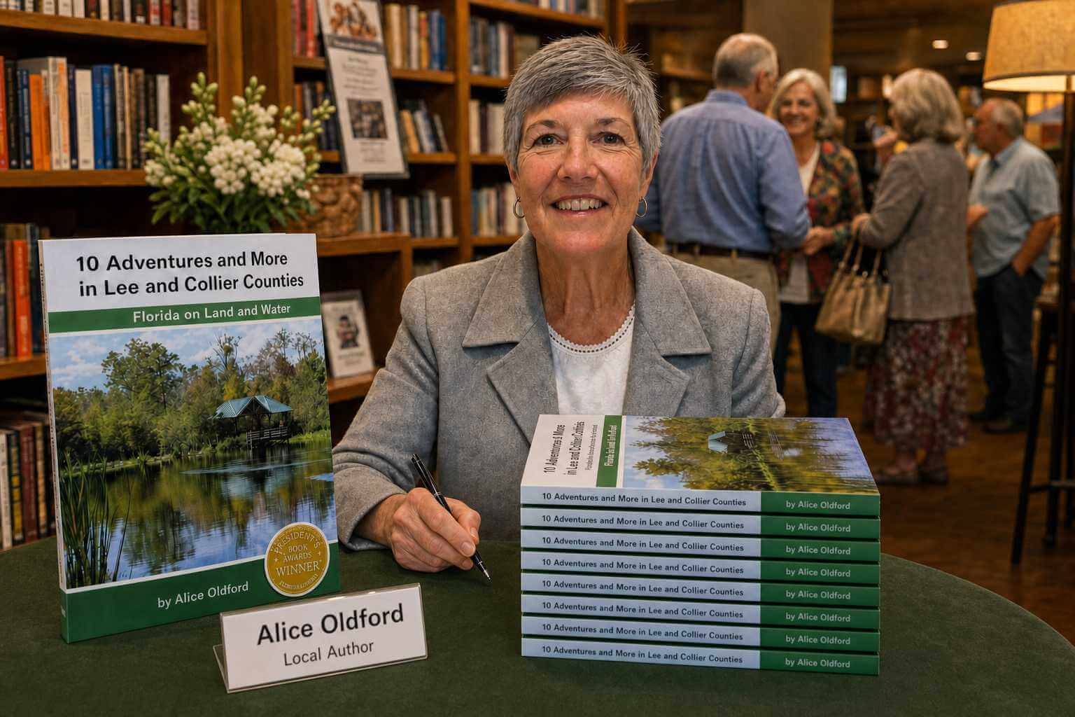 Alice Oldford greeting readers and signing books during a public appearance