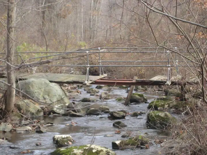 A rustic trail bridge at Miquin Woods in Hunterdon County, spanning a narrow creek through dense woodland